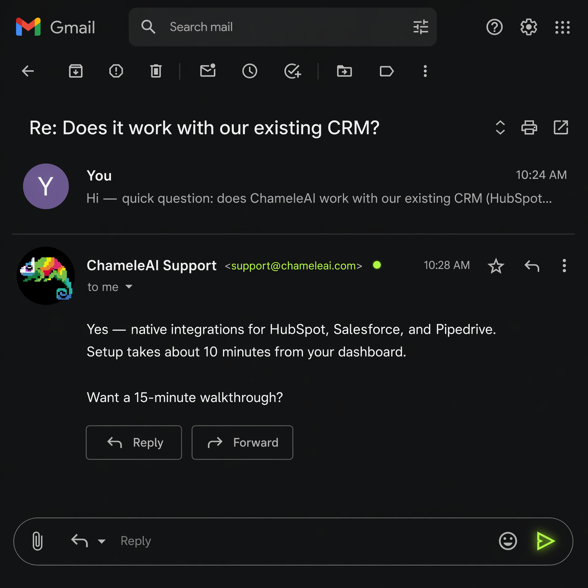 ChameleAI replying via email