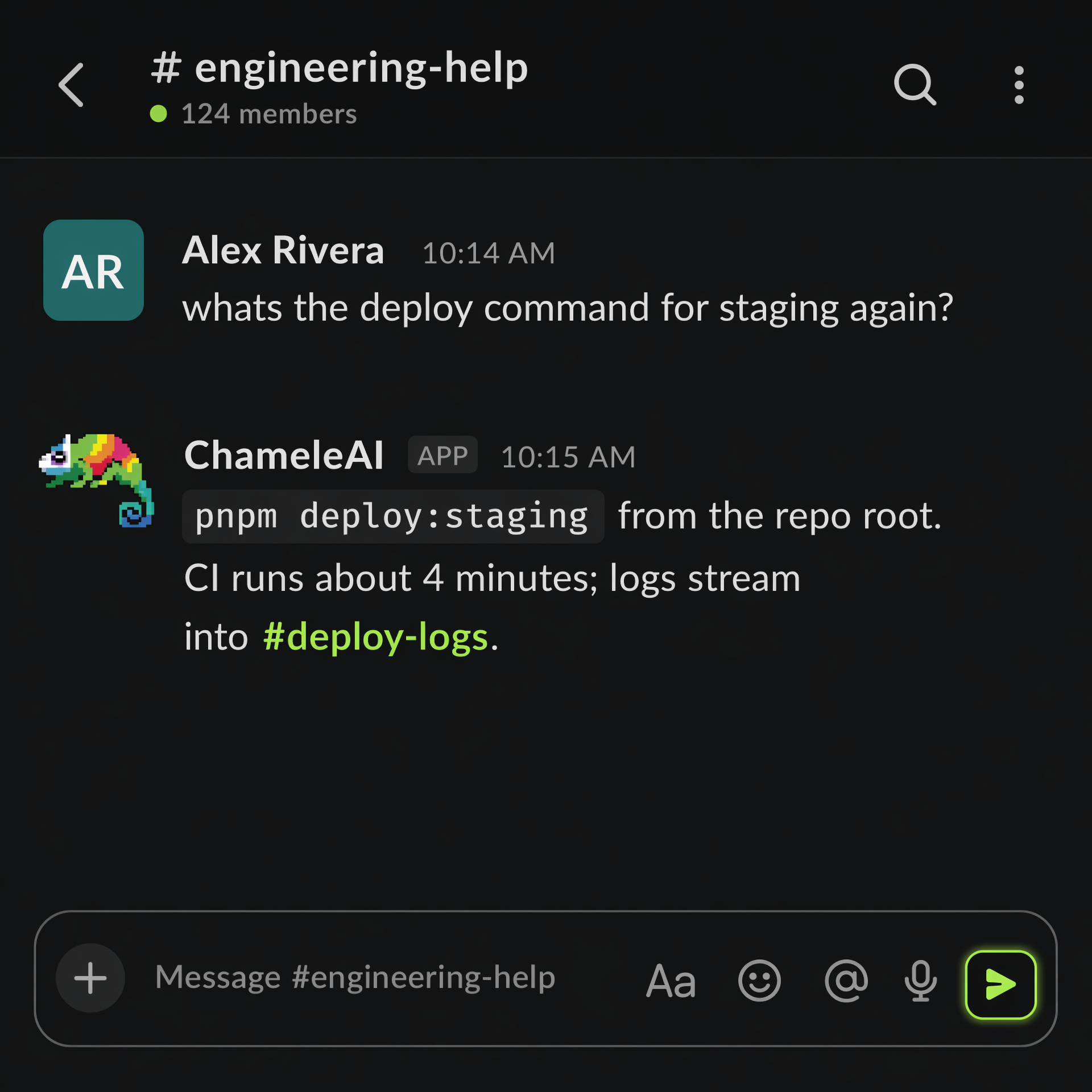 ChameleAI replying in a Slack engineering channel